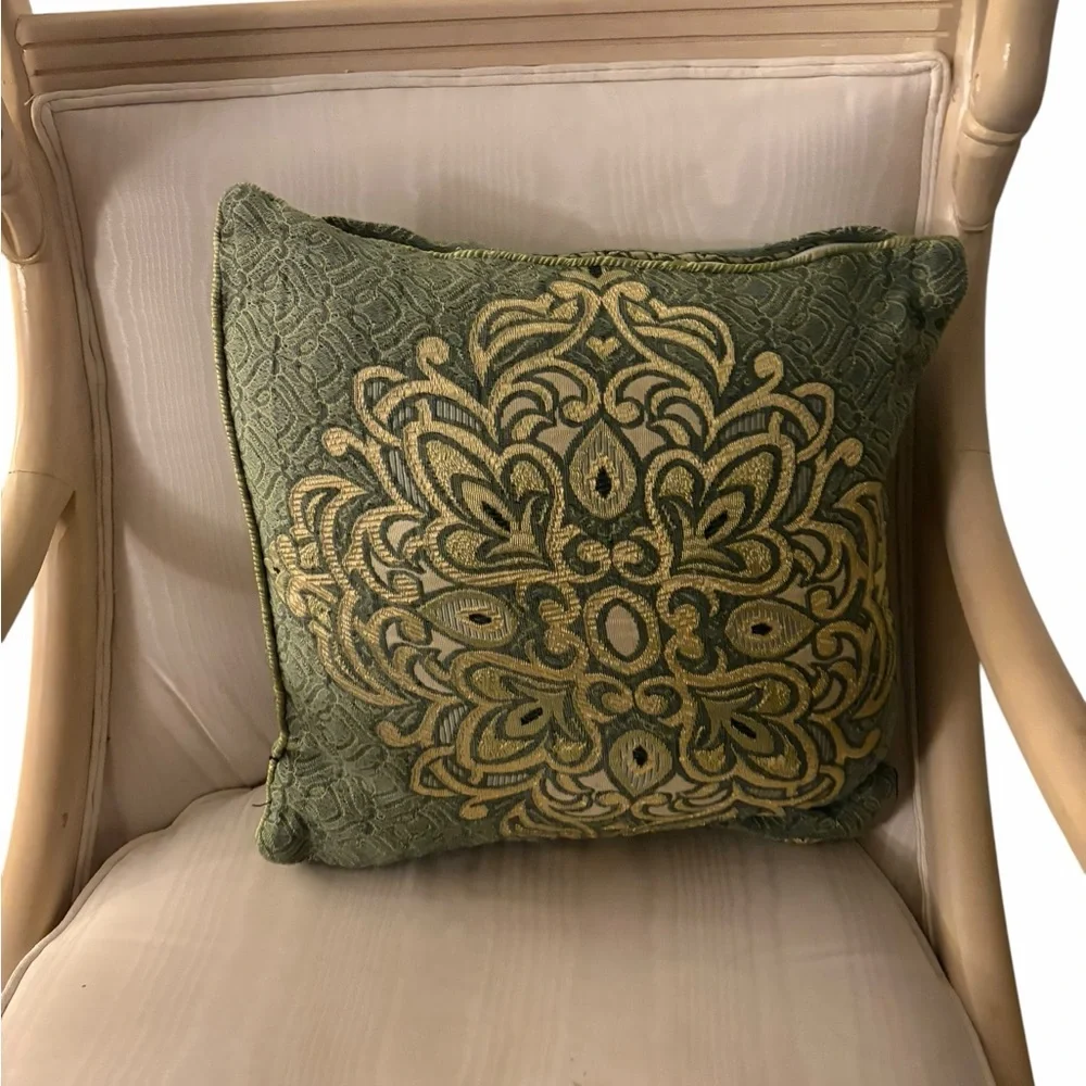 Green & Gold Decorative Throw Pillow Embroidered Medallion